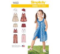Simplicity Patron de Couture 1453 : Robe, Haut, Pantalon ou Short et Chapeau pour Enfant, Taille A, Papier, Blanc, A (3-4-5-6-7-8)