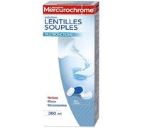 Simplifiez l'entretien de vos lentilles avec la solution multifonctions MERCUROCHROME, format 360mL pour nettoyer, rincer et décontaminer efficacement au quotidien - Lot de 2