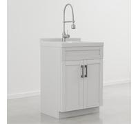 SIMPLIHOME Hennessy Évier utilitaire tout-en-un de 61 cm de large avec finition blanc glacier, meuble d'évier de transition en ABS pour buanderie avec robinet chromé à haute arche et pulvérisateur