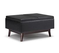 SIMPLIHOME Owen Owen Ottoman avec plateau carré et espace de rangement, repose-pieds à cocktail, tabouret rembourré en cuir synthétique noir, milieu du siècle moderne