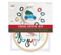 Simply MAKE Kit de broderie au point de croix - Motif arbre sur voiture pour enfants et adultes, avec cerceau, fil à broder, tissu et aiguille - Parfait pour les travaux manuels pour adultes et les