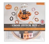 Simply Make Kit de point de croix motif chat et citrouille Halloween, cerceau, fil à broder, tissu et aiguille, pour débutants, kit de point de croix, cadeaux, loisirs créatifs, décoration d'intérieur