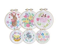 Simply MAKE Kit de point de croix Printemps/Pâques Lot de 6 pour enfants et adultes, avec cerceau, fil à broder, tissu et aiguille, parfait pour les travaux manuels pour adultes et débutants,