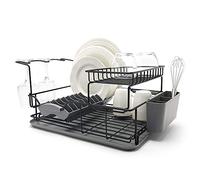 simplywire - Égouttoir à Vaisselle à Deux Niveaux - Égouttoir à Assiettes à Placer au-Dessus de l'évier, Porte-Verres à vin et Porte-Couverts Amovibles - Acier recouvert de Plastique Noir