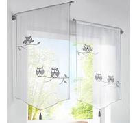 SIMPVALE 1 Pièce Rideau Décoration de Fenêtre Voilage Bise Rideau Pompon pr Café Cuisine Broderie Gris Hibou, Polyester, 60x120cm
