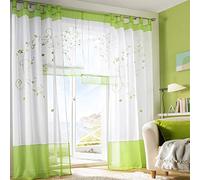 SIMPVALE Rideaux Voilages Floral Voile Broderie a Pattes Panneaux de Fenêtres pour Chambre Salon Décoration 2 Panneaux, Vert, L140cm x H145cm