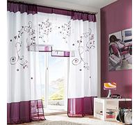 SIMPVALE Rideaux Voilages Floral Voile Broderie a Pattes Panneaux de Fenêtres pour Chambre Salon Décoration 2 Panneaux, Violet, L140cm x H270cm