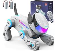 SIMREX Robot chien jouet pour enfants, robot intelligent interactif avec capteur tactile, télécommande Bluetooth, astuces de danse, yeux LED, cadeau d'anniversaire pour garçons et filles, gris