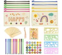 SIMSPEAR 10 Pièces DIY Trousse à Crayons Vierge, Trousse Personnalisable avec 12 Stylos de Couleur, 12 Marque-Page en Bois, 4 Modèles Peinture, 50 Autocollants et Mini Bloc-Notes pour Enfants