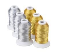 Simthread Lot de 6 bobines de fil métallique pour machine à broder (3 dorés + 3 couleurs argentées) 500 m (550Y) pour broderie et couture décorative