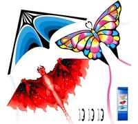 Simxkai Assortiment de cerf-Volant Delta avec Papillon Rose, Dragon Rouge et Bleu - Ensemble d'activités familiales en Plein air prêt à Voler