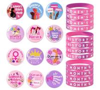 Sinasasspel Les décorations du mois de l'histoire des femmes comprennent 12 bracelets en silicone et 12 épingles à badge. Cadeau de fête internationale des femmes, fournitures de décoration de