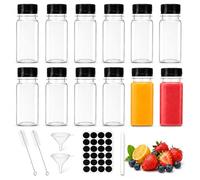 SINAYREK Bouteilles Shot à Remplir, 12 x 60 ml Flacons PET avec Couvercle, Mini Bouteilles à Jus Anti-Fuite pour Gingembre, Smoothie, Lait, Sauce, avec 2 Entonnoirs, Brosse, Étiquettes, Feutre Ardoise