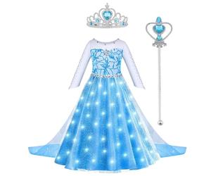 Sincere Party Classique illuminé princesse Elsa robe avec Cape de Tulle baguette magique Tiara parfait pour la Journée mondiale du livre cadeau de Noël pour les filles 7-8 ans