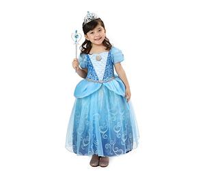 Sincere Party Filles Deluxe Cendrillon Princesse Déguisement avec Diadème et Baguette pour Filles Halloween, Carnaval, Fête d'Anniversaire Habiller 7-8 ans