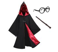 Sincere Party Manteau magique à capuchon noir pour enfants, robe de sorcier avec baguette, lunettes, badge parfait pour la Journée mondiale du livre 9-11 ans