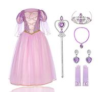 Sincere Party Robe de princesse Raiponce de fille avec baguette, couronne, boucles d'oreilles, gants, collier terminé habillé pour filles 7 à 8 ans