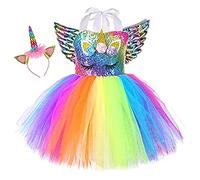 Sincere Party Robe tutu en tulle licorne pour fille Robe d'anniversaire licorne moelleuse arc-en-ciel avec bandeau et ailes 4-5 ans