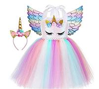 Sincere Party Robe tutu en tulle licorne pour filles Robe d'anniversaire licorne moelleuse rose avec bandeau et ailes 4-5 ans