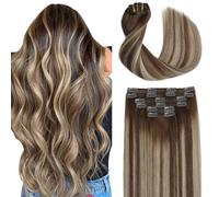 Sindra Lot de 6 extensions de cheveux humains à clipser - Balayage brun moyen à blond caramel - 50,8 cm - 120 g - Extensions de cheveux humains invisibles et lisses - #4/27/4 - 50,8 cm