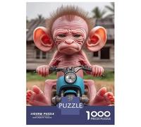 Singe 1000 Pièces Papier Résistant Singe Riding A Motorbike in Front of Hut Puzzle Adultes Puzzle Portable Soirée Jeux en Famille Stimulant Et Amusant Heures Divertissement 52x38cm/1000pcs