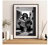 Singe Assis Sur Les Toilettes Lecture Un Journal Imprime Affiche Drôle Salle De Bain Mur Décor Peinture Murale 50X70Cm Sans Cadre