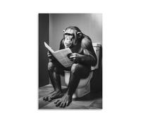 Singe assis sur les toilettes lisant un journal dans les bois Humour drôle et insolite Poster de style rétro sur toile Décoration murale pour salon chambre à coucher