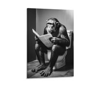 Singe assis sur les toilettes lisant un journal dans les bois Humour drôle et insolite Poster de style rétro sur toile Décoration murale pour salon chambre à coucher