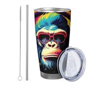 Singe avec couvercle et paille gobelet graffiti peinture spray porter casque lunettes de soleil animaux drôle noir rose isotherme métal peut refroidisseur sans déversement école collège crèche double
