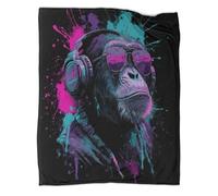 Singe avec Un Casque Audio Impression 3D Art à l'encre Couvre-lit Conçu Doux Et Chaud en Flanelle Couverture Pelucheuse 80x90inch(200x230cm)