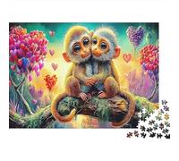 Singe Carton Deux singes avec cœurs sur Une Branche Puzzle Premium Entraînement cérébral Décoration d’intérieur 70x50cm/1000 pièces
