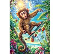 Singe faisant du skateboard dans une forêt tropicale 1000 Pièces Puzzle Débutant En Carton Haute Densité Rêve magique de science-fiction Facile Apprentissage Anti-Stress Passe-Temps Cadeau Fête Des Mè