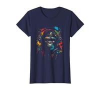 Singe Monkey DJ Casque & Lunettes de Soleil Fête Gorille Mus T-Shirt, Femme, Bleu Marine, M