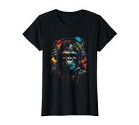 Singe Monkey DJ Casque & Lunettes de Soleil Fête Gorille Mus T-Shirt, Femme, Noir, M