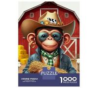 Singe Puzzle À 1000 Morceaux Papier Épais Cowboy Singe in Front of Red Barn Puzzle Familial Familles 8 Ans+ Passionnés Casse-tête Heures Divertissement Garanties 38x26cm/1000pcs