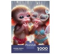 Singe Puzzle À 1000 Morceaux Papier Épais Two Baby singes Kissing in The Rain Puzzle Familial Passionnés De Casse-tête Compatible Plateau Activité Lien Familial 52x38cm/1000pcs