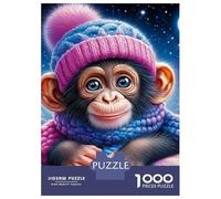 Singe Set De 1000 Pièces Papier Recyclé Singe in Pink Knit Hat in Snowy Night Scene Puzzle Adulte Facile À Ranger Casse-tête Engageant Heures Divertissement Activité Lien Familial 38x26cm/1000pcs