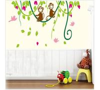Singes sur les branches. Deux singes sur des branches de plantes grimpantes dans la forêt. Feuilles d'arbre Autocollants muraux colorés. Papiers peints art déco. Décoration de pépinière.