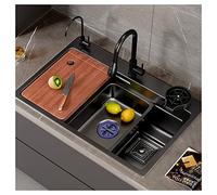 Single Bowl Stainless Steel Kitchen Sink Workstation with Pull-out Faucet Integrated Chopping Board & Cup Washer Efficient Meal Prep