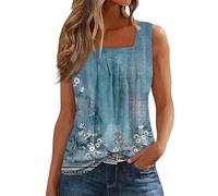 Singular-Point Femmes sans Manches Col Carré Débardeurs été Coupe Ample Tunique Chemises Dames Décontracté Chemise Fluide Confortable et Ample T-Shirts Cadeau Maman,Bleu,3XL,F284S