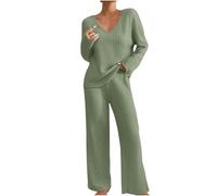 Singular-Point Pyjama Femme Hiver Chic Ensemble de Pyjama Chaud Col V Vêtements de Nuit 2 Pièces Confortable avec Haut à Manche Longue et Bas de Pyjama Homewear Femme,Vert Menthe,XL,f91r