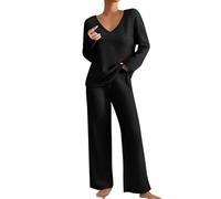 Singular-Point Pyjama Femme Hiver Ensembles de Pyjama Manche Longue Col en V Couleur Unie Loungewear Chaud Deux Pièces Sleepwear Vêtement de Nuit Doux Respirant,Noir,L,f27r