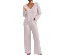 Singular-Point Pyjama Long d'hiver pour Femme Col en V Pyjama Femme Hiver à Manches Longues Pantalon Long Pyjama en Tricoté Ensemble de Pyjama Chaud Leger Chic et Elegant,Rose Clair,L,f82r