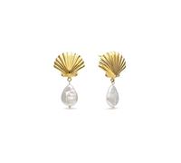 SINGULARU - Boucles d'Oreille Shelly Perle. Acier avec Plaqué or 18 carats et perle de culture. Bijoux pour Femme.