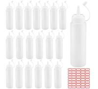 SINJEUN 20 packs de bouteilles à sauce avec bouchons, 250ml/8.8oz bouteille à sauce en plastique avec étiquettes, bouteilles à sauce pour ketchup, huile, glaçage, blanc translucide.