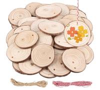 SINJEUN Lot de 100 Petits Rondin de Bois Naturel de 6 à 7 cm, avec Trou et Corde, Tranches de Rondin, Disques en Bois, pour le Bricolage, l'Artisanat, la Décoration