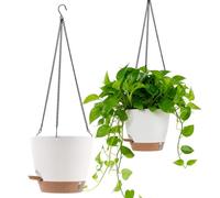 SINJEUN Lot de 2 pots de fleurs à suspendre - 20,3 x 17,8 cm - Blanc doré - Avec réservoir d'eau - Pour l'intérieur et l'extérieur