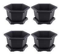 SINJEUN Lot de 4 pots de fleurs, hexagonaux, 14,2 x 28,7 x 14,7 cm, violet/marron, avec soucoupe, en plastique, avec plateau, pour l'intérieur et l'extérieur