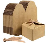 SINJEUN Lot de 50 boîtes cadeaux en papier kraft avec couvercle, 12,9 x 12,9 x 8,9 cm, marron avec 50 rubans, boîtes cadeaux décoratives vides pour demande en demoiselle d'honneur, fête