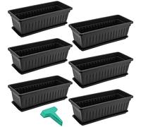SINJEUN Lot de 6 boîtes de fleurs rectangulaires en plastique de 43,2 cm avec plateaux et étiquettes de plantes, jardinière rectangulaire pour rebord de fenêtre pour porche, balcon, décoration d'intérieur, noir